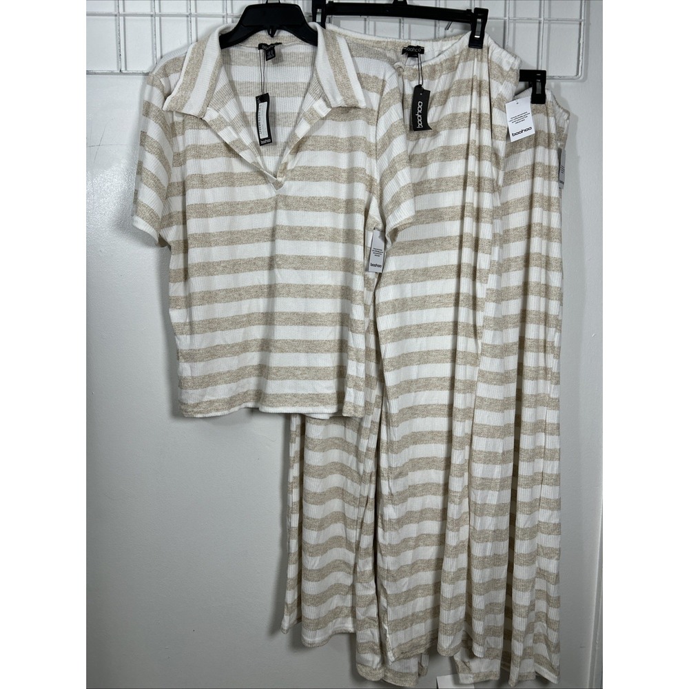 Boohoo Women 18/20 Tan Ivory Striped Comfy Lounge 3 PC SET 1 Top 2 Pants 6413